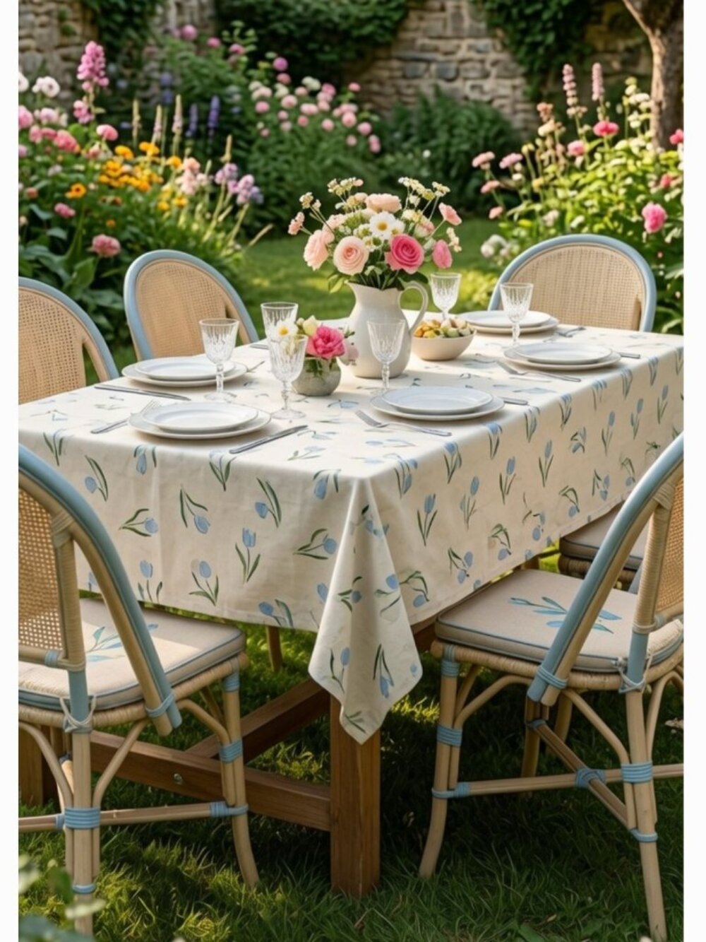 Vintage 80's Better Home Flannel Back Tablecloth 52" X 90" Blue Tulip Wipes Clea